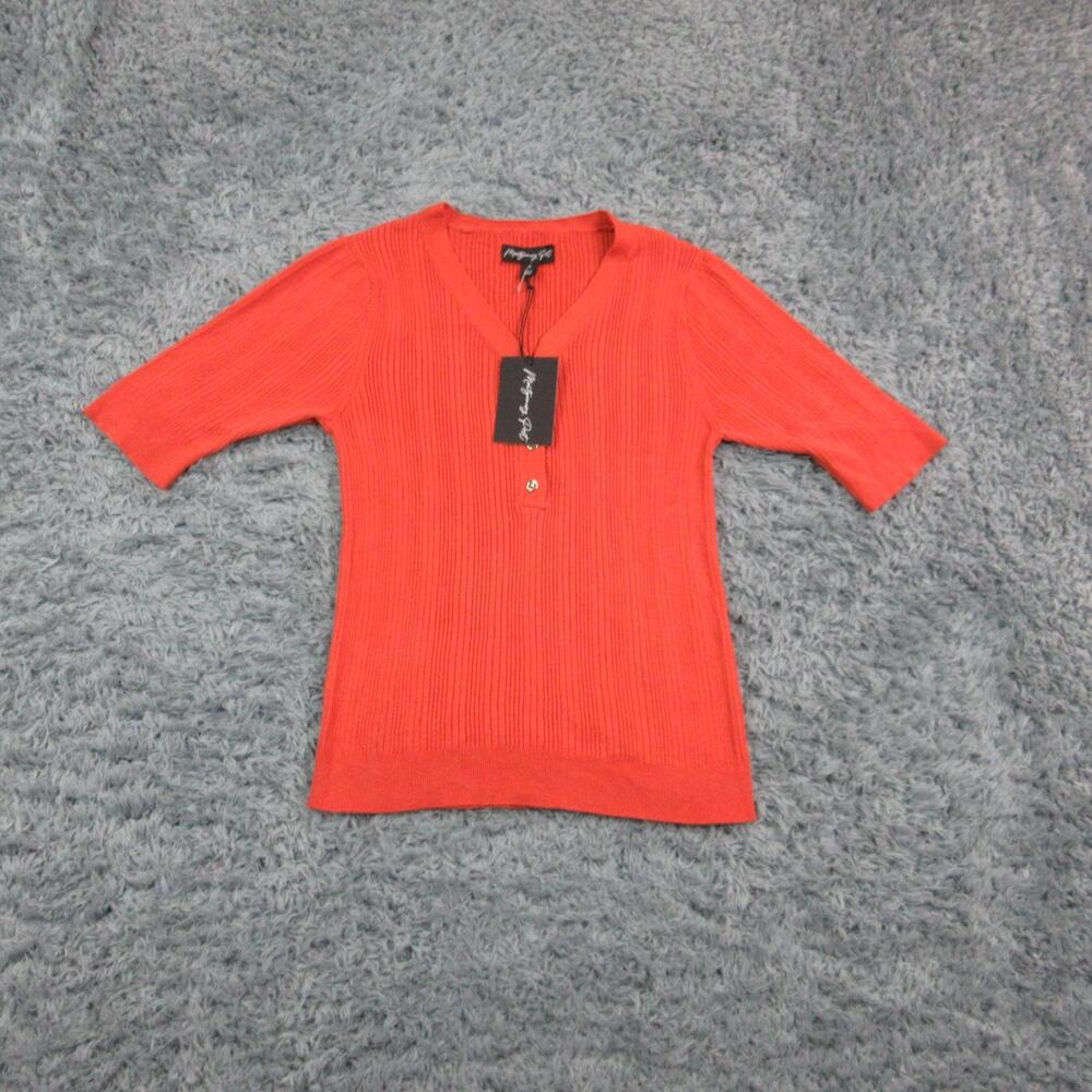 Montgomery Post Sweater Womens Medium Orange Ribbed Henley Short Sleeve NWT